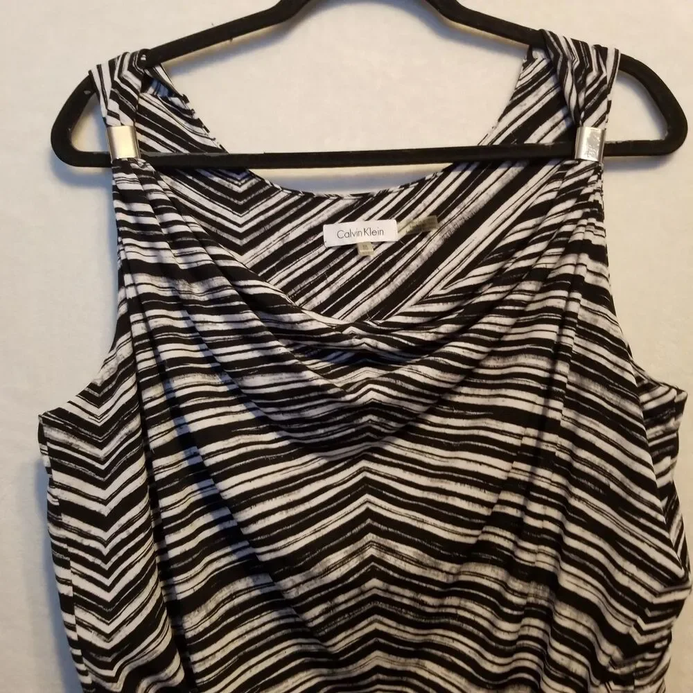 Calvin Klein 0X (XL) Dress Maxi Cowel Neck Blouson Tie Belt Chevron Office